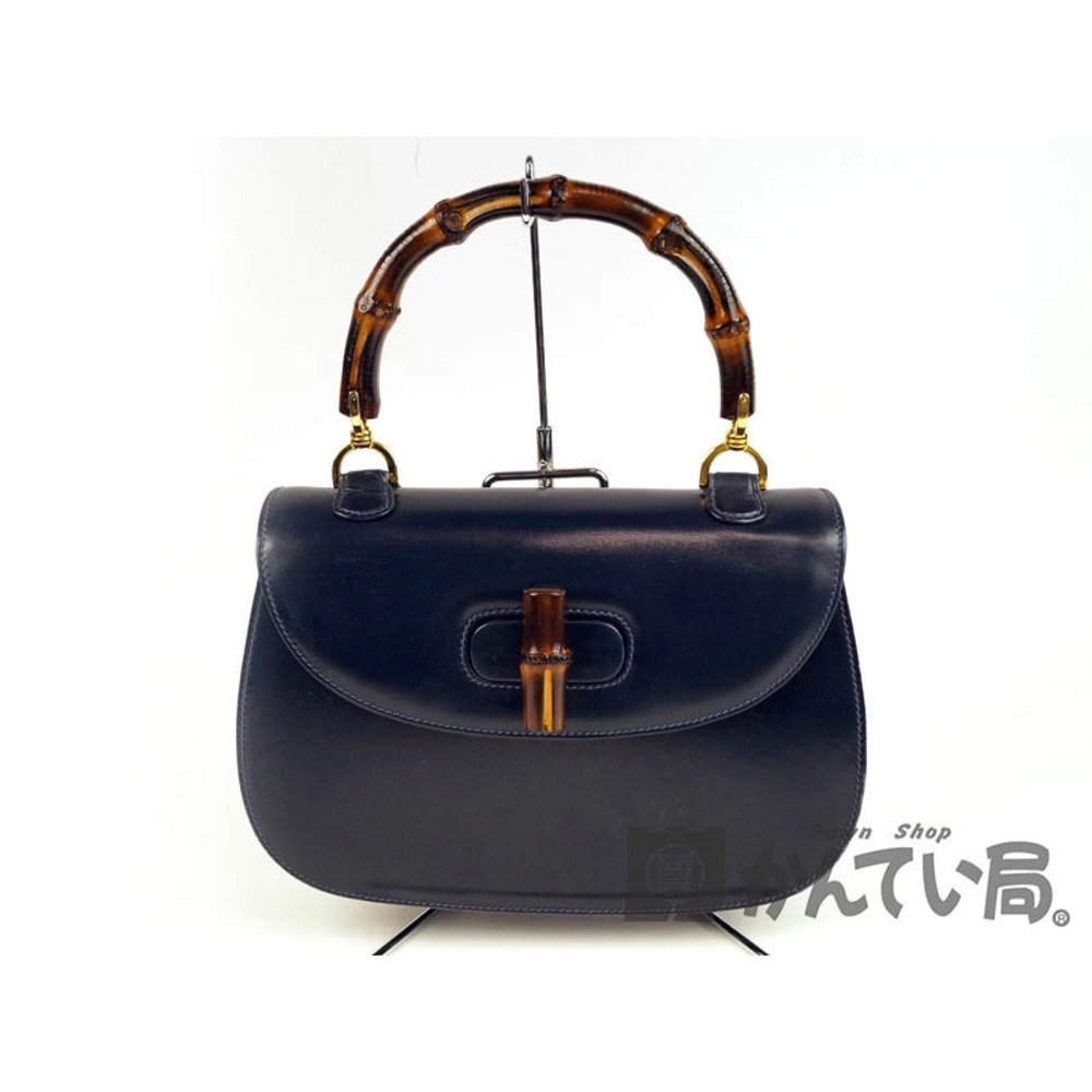 GUCCI Bamboo Handbag Leather Navy Blue